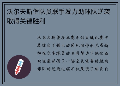 沃尔夫斯堡队员联手发力助球队逆袭取得关键胜利