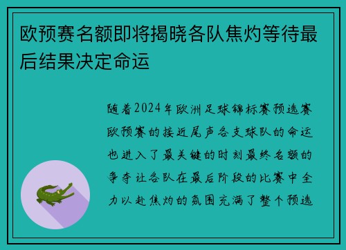 欧预赛名额即将揭晓各队焦灼等待最后结果决定命运