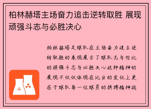 柏林赫塔主场奋力追击逆转取胜 展现顽强斗志与必胜决心