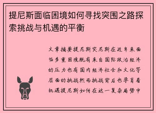 提尼斯面临困境如何寻找突围之路探索挑战与机遇的平衡