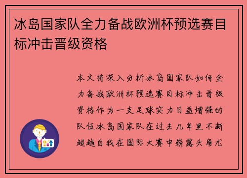 冰岛国家队全力备战欧洲杯预选赛目标冲击晋级资格