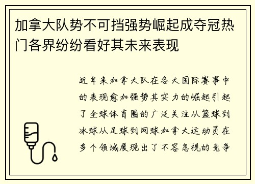 加拿大队势不可挡强势崛起成夺冠热门各界纷纷看好其未来表现