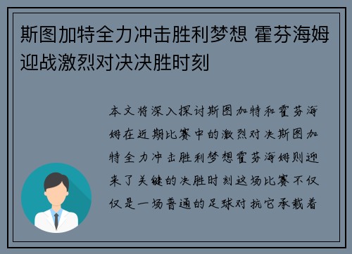 斯图加特全力冲击胜利梦想 霍芬海姆迎战激烈对决决胜时刻