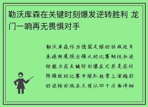 勒沃库森在关键时刻爆发逆转胜利 龙门一响再无畏惧对手
