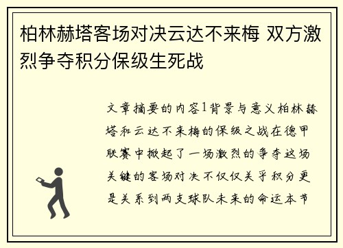 柏林赫塔客场对决云达不来梅 双方激烈争夺积分保级生死战