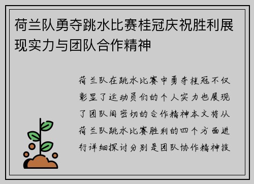 荷兰队勇夺跳水比赛桂冠庆祝胜利展现实力与团队合作精神