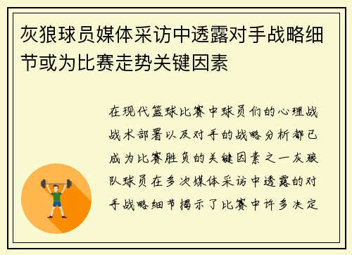 灰狼球员媒体采访中透露对手战略细节或为比赛走势关键因素